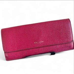 Coach Red Leather slim bifold long Wallet deep red/burgundy with a faux crackle